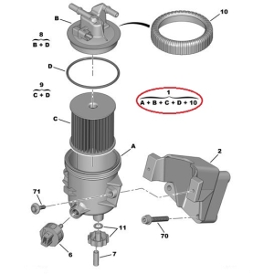 Топливный фильтр с корпусом Citroen/Peugeot 2,0HDI (2трубки)